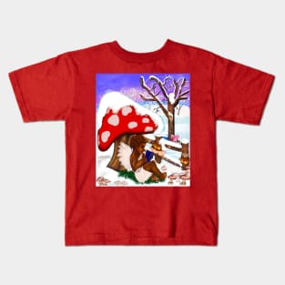 Snow covered mushroom covering Little bookworm angel boy cherub reading a book - tranquil winter scenery Kids T-Shirt